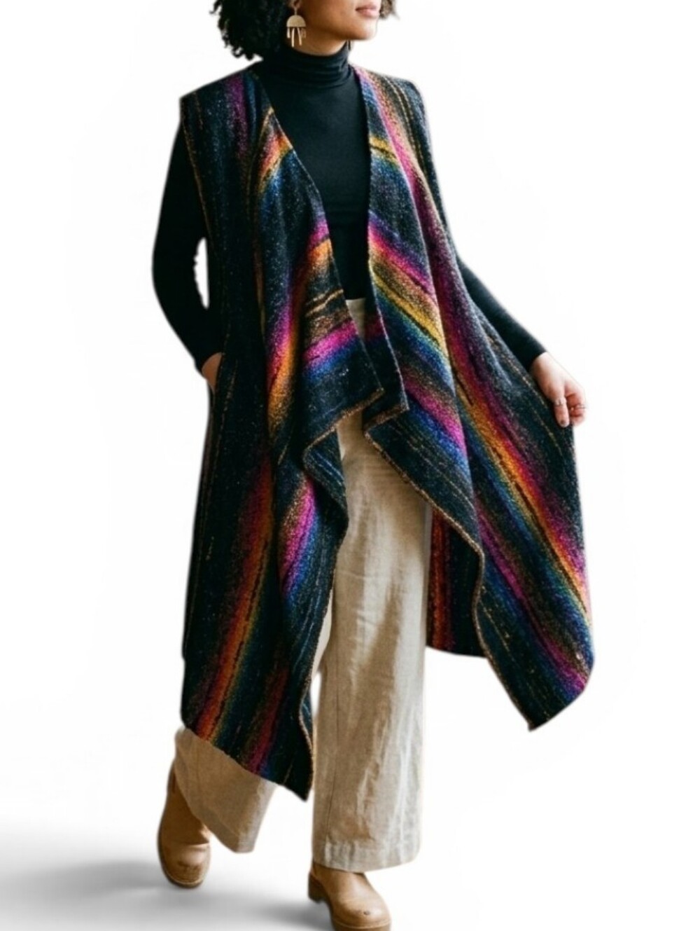 Turkey Creek Von Rhodes Handwoven Shawl Vest Rainbow Knit Cape Layering OS